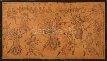Xx. sz. eleje: Jelzés nélkül: Kínai csatajelenet, feliratozott harcosokkal. Linómetszet, papír. 52x93 cm keretben