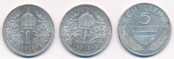 Ausztria 1913-1915. 1K Ag (2x) "Ferenc József" + 1960. 5Sch Ag T:1-,2 kis patina
Austria ...