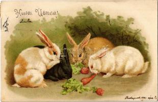 1901 Húsvéti üdvözlet! / Easter greeting art postcard, rabbits eating carrots. litho