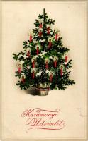 Karácsonyi üdvözlet / Christmas greeting art postcard. Christmas tree, litho