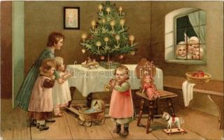 Children Christmas greeting art postcard. litho (EK)