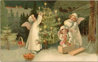 Children Christmas greeting art postcard. litho (EK)