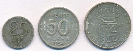 Svédország 1943G 25ö Ag + 1954TS 50ö Ag + 1967U 1K Ag T:2,2- Sweden 1943G 25 Ore Ag + 1954TS 50 Ore Ag + 1967U 1 Krona Ag C:XF,VF