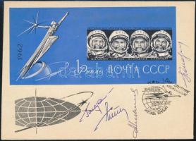 Jurij Alekszejevics Gagarin (1934-1968), Adrijan Nyikolajev (1929-2004), German Tyitov (1935-2000) és Pavel Popovics (1930-2009) szovjet űrhajósok aláírásai emlékborítékon /  Signatures of Yuriy Alekszeyevich Gagarin (1934-1968), Adriyan Nikolayev (1929-2004), German Titov (1935-2000) and Pavel Popovich (1930-2009) Soviet astronauts on envelope