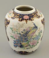 Dekoratív pávás japán váza, matricás, jelzett, apró kopásokkal, m: 13 cm