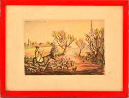 Alpár Sándor (1935-2004): Hazatérő juhnyáj, színezett rézkarc, papír, jelzett, üvegezett fa keretben, 16,5×22,5 cm