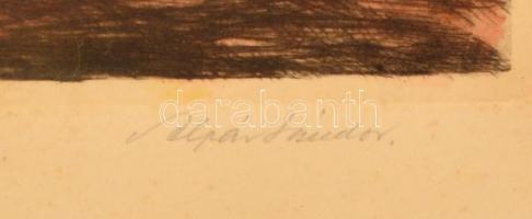 Alpár Sándor (1935-2004): Hazatérő juhnyáj, színezett rézkarc, papír, jelzett, üvegezett fa keretben...