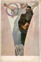 Vernost (J.A. Komensky) / Fidelity. Czech Art Nouveau postcard s: A.M. Mucha (fl)