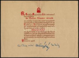 1936 Kolozsvár, Az Erdélyi Szépmíves Céh által ajándékozott díszoklevél, nyomtatott aláírásokkal, 33x25 cm