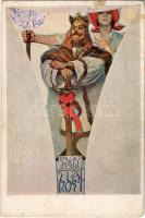 Samostatnost (Jirí z Podebrad) / Independence. Czech Art Nouveau postcard s: A.M. Mucha (gluemark)