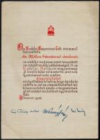 1938 Kolozsvár, Az Erdélyi Szépmíves Céh által ajándékozott díszoklevél, nyomtatott aláírásokkal, 23x33 cm