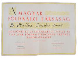 1938 A Magyar Földrajzi Társaság oklevele dr. Melles Sándor részére 49x35 cm Hajtva