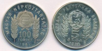1981. 100Ft Cu-Ni-Zn + 5L Cu-Ni-Zn "Bulgária 1300 éves" magyar-bolgár közös kiadás, eredet...