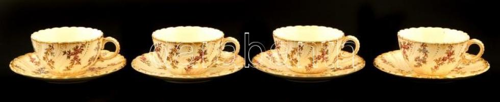 Francia Sarreguemines fajansz teás csésze és alj, jelzett, 4+4 db, kis hibákkal