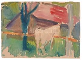 Ádámffy László (1902-?):Ló a korlátnál. Akvarell, papír, jelzett, apró szakadással, 36×48 cm