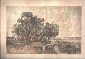 Würtz Ádám (1927-1994): Mészöly után Tisza part. Színezett rézkarc, papír, jelzett, hajtott, foltos, 24×38 cm