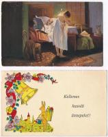 9 db RÉGI motívumlap: üdvözlő és művész / 9 pre-1945 motive postcards: greeting and art