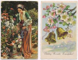 9 db RÉGI motívumlap: üdvözlő és művész / 9 pre-1945 motive postcards: greeting and art