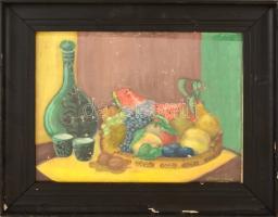 Vörös jelzéssel: Asztali csendélet. Olaj, vászon-karton, üvegezett hibás keretben, 32×42 cm