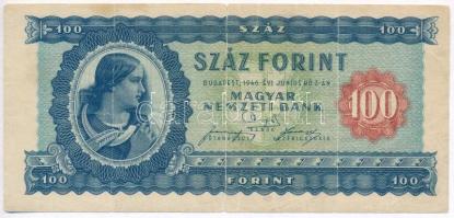 1946. 100Ft B025 000583 T:III,III- hajtás mentén kis szakadás  Hungary 1946. 100 Forint B025 000583 C:F,VG small tear along fold Adamo F26