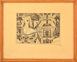 Hincz Gyula (1904-1986): Kompozíció. Rézkarc, papír, jelzett, üvegezett keretben, 23×32 cm