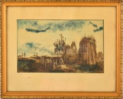Görög Rezső (1930- ): Tó part. Színes rézkarc, papír, jelzett, üvegezett fa keretben, 22×33 cm
