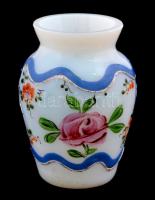 Virágmintás tejüveg váza, kézzel festett, kis kopásnyomokkal, m: 6 cm