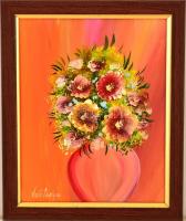 Való Ibolya (1958-): Virágcsendélet. Olaj, farost, jelzett, keretben, 25×20 cm
