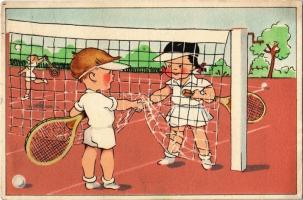 ~1952 Children playing tennis - modern postcard (EK)