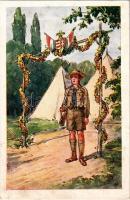 Őrségen. Rigler József Ede cserkész művészlap 8002. / Hungarian scout art postcard