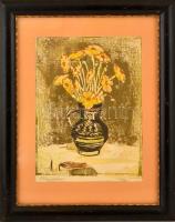 Hegyi György (1922-2001): Virágcsendélet, vegyes technika, papír, jelzett, paszpartuban, üvegezett fa keretben, 25,5×18 cm
