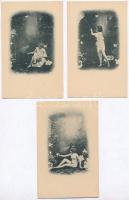 5 db-os régi erotikus képeslapsorozat lepkefogó hölgyekkel. Használatlan szép állapot / 5 pre-1900 erotic postcad series with butterfly catching ladies. Unused nice condition