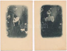 5 db-os régi erotikus képeslapsorozat lepkefogó hölgyekkel. Használatlan szép állapot / 5 pre-1900 e...