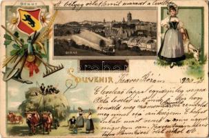 1900 Bern, Berne; Souvenir. Suchard / Swiss chocolate advertisement, coat of arms and folklore. Art Nouveau, floral, litho