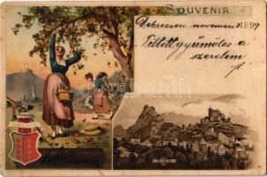 1899 Sion; Souvenir. Suchard Neuchate / Swiss chocolate advertisement, Valais coat of arms and folklore. Art Nouveau, litho