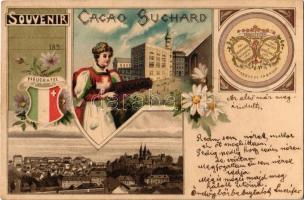 1900 Neuchatel, Souvenir Cacao Suchard / Swiss chocolate advertisement, coat of arms and folklore. Art Nouveau, floral, litho