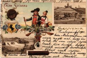 1901 Schaffhouse, Souvenir Cacao Suchard, Chute du Rhin / Swiss chocolate advertisement, coat of arms and folklore. Art Nouveau, floral, litho