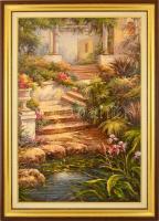 Molnár Adél (?-): Mediterrán kert. Olaj, vászon, jelzett, keretben, 90×60 cm