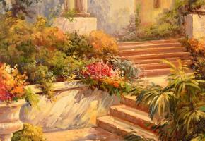 Molnár Adél (?-): Mediterrán kert. Olaj, vászon, jelzett, keretben, 90×60 cm