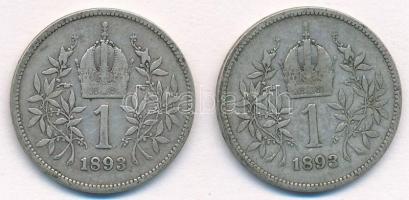Ausztria 1893. 1K Ag "Ferenc József" (2x) T:2-,3 patina
Austria 1893. 1 Corona Ag "F...