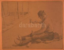 Glatz Oszkár (1872-1958): Fafaragó fiú. Litográfia, papír-karton, jelzett a nyomaton, foltos, 40×50 cm