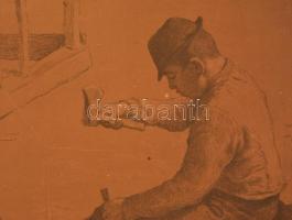 Glatz Oszkár (1872-1958): Fafaragó fiú. Litográfia, papír-karton, jelzett a nyomaton, foltos, 40×50 ...