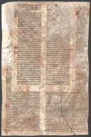 cca 1300-1400 Azonosítatlan kánonjogi munka egy lapja, benne III. Lucius pápa Ad abolendam kezdetű eretnekellenes bullájának (1184) szövegével, latin nyelven, pergamen, sérült, ragasztásnyomokkal, 2 p.