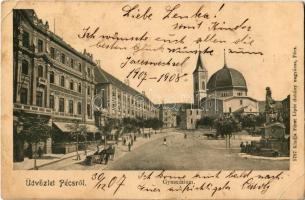 1907 Pécs, Gimnázium, tér, takarékpénztár, üzletek (EK)