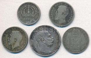 5db-os vegyes magyar és külföldi ezüstpénz tétel, közte Ausztria 1849A 6kr Ag; Románia 1900. 50b Ag T:2-3 patina