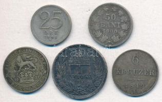 5db-os vegyes magyar és külföldi ezüstpénz tétel, közte Ausztria 1849A 6kr Ag; Románia 1900. 50b Ag ...