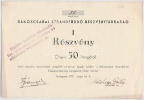 Budapest 1931. Rákoscsabai Strandfürdő Részvénytársaság részvény 50P-ről T:II