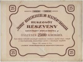 Budapest 1923. Taurus Huskereskedelmi Részvénytársaság huszonöt részvénye egyenként 1000K-ról, szárazpecséttel T:III