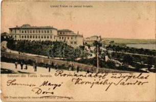 Turnu Severin, Szörényvár; Liceul Traian cu parcul botanic / Trajan High School with botanical park (small tear)