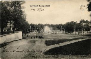 1929 Kompolt, Fő utca a kastélyhoz vezető úttal (lyuk / pinhole)